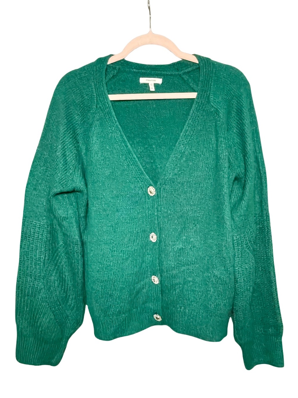 Green Cardigan V-Neck Sweater XL Rhinestone Buttons Soft Girl Glam Whimsical